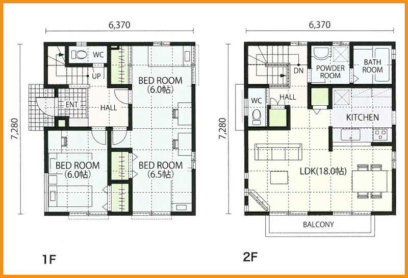 28坪 3LDKの2階建てのお家　2階にリビングを設けたプラン